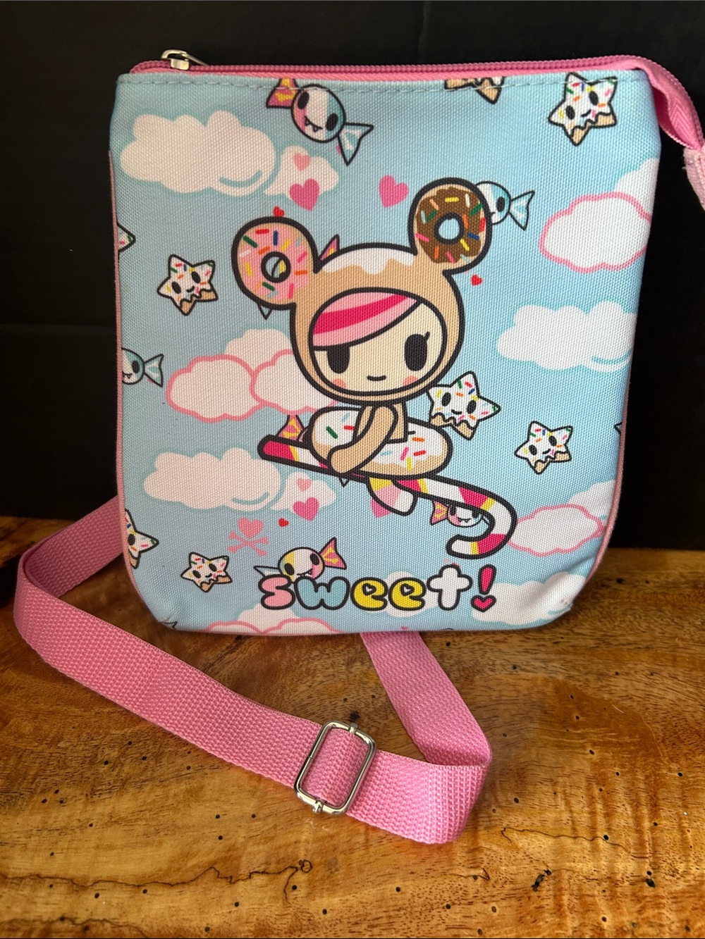 TOKIDOKI  Donutella “Sweet!” Crossbody Bag in Pastel Blue & Pink